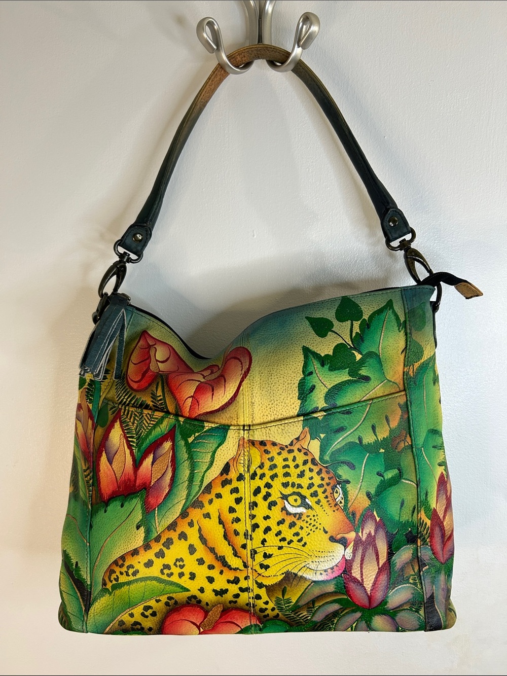 Anuschka Hand Painted Cougar & Lily Theme Genuine Leather Shoulder / Handbag